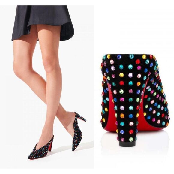 Rare CHRISTIAN LOUBOUTIN Veryvee Black Bedazzled Red Sole Mules Size 37 - Picture 5 of 17